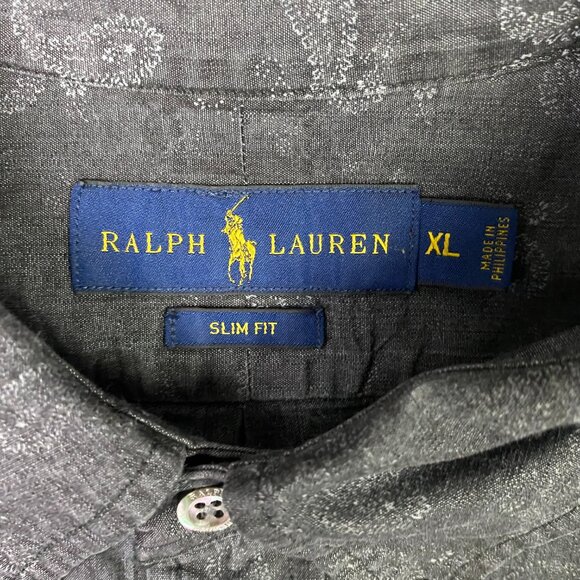 Ralph Lauren Slim Fit Button Down Shirt Men's XL Charcoal Gray Paisley - Picture 4 of 10